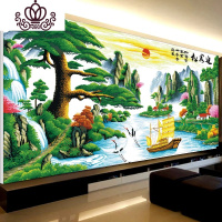 封后迎客松十字绣2019新款线绣客厅家用山水画大幅流水生财自己绣手工 大格4股绣290*125厘米优质棉线