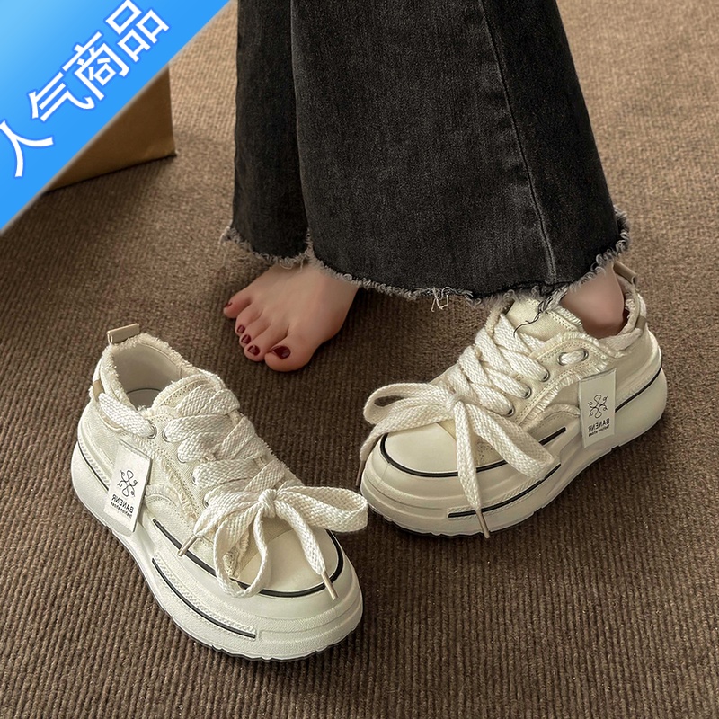 SUNTEK鞋子女春秋帆布鞋2023年新款夏季小白鞋厚底chic百搭小众板鞋高清大图
