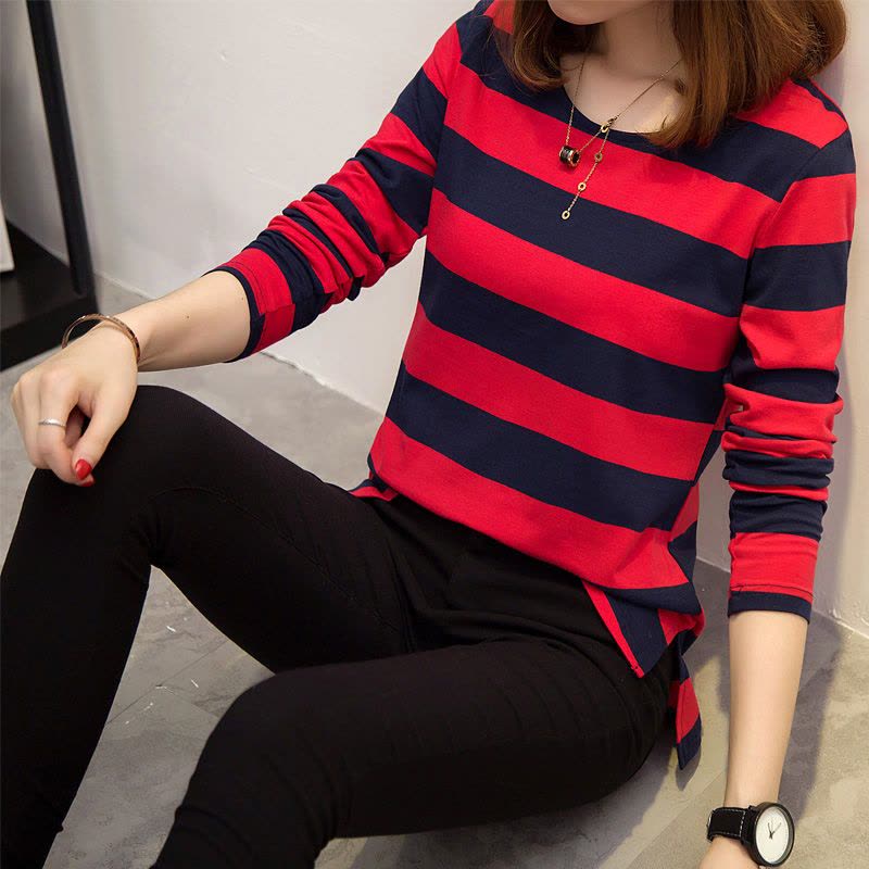 仅亏一天明天恢复39]大码女装2019春季长袖条纹t恤女宽松打底衫图片