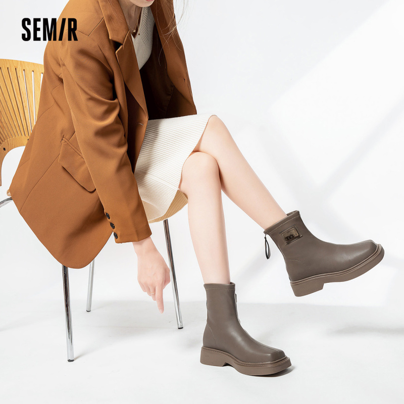 SEMIR马丁靴女烟筒靴女秋季2023新款短筒小个子厚底切尔西靴女款