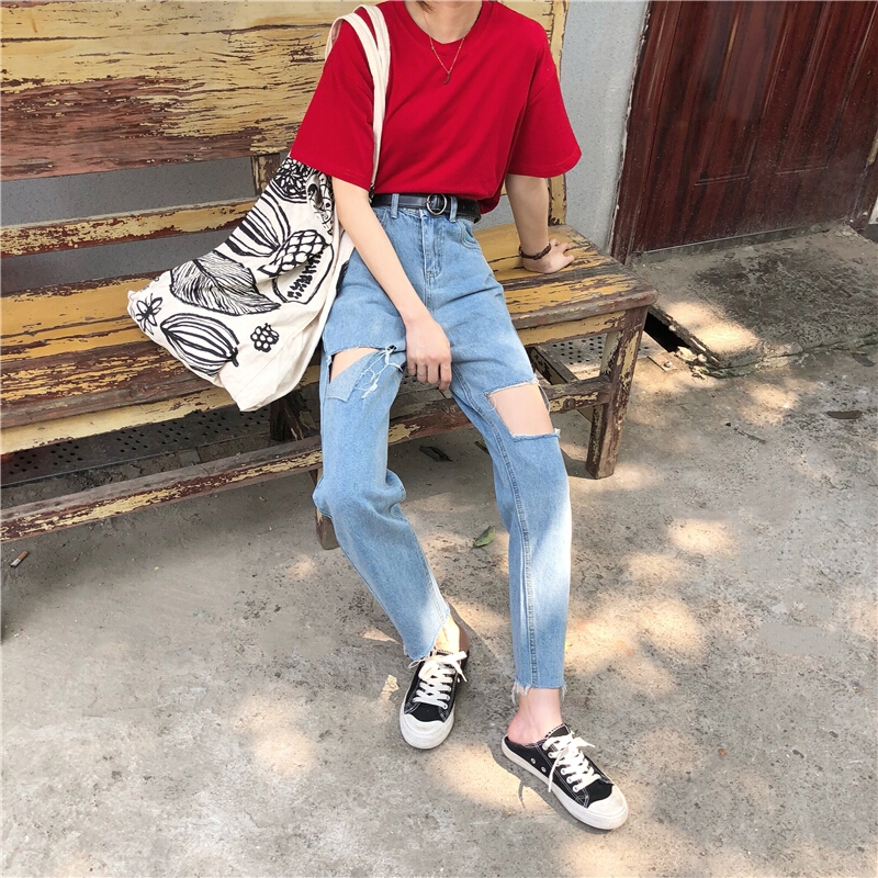 夏装女装2018新款韩版毛边大破洞乞丐高腰显瘦牛仔裤直筒裤九分裤图片色