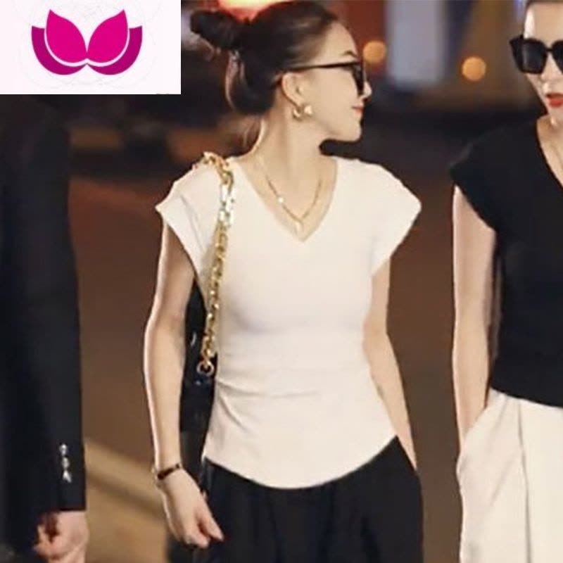 七斓时尚轻熟风套装女夏季修身显瘦V领上衣高腰百搭垂感阔腿裤套图片