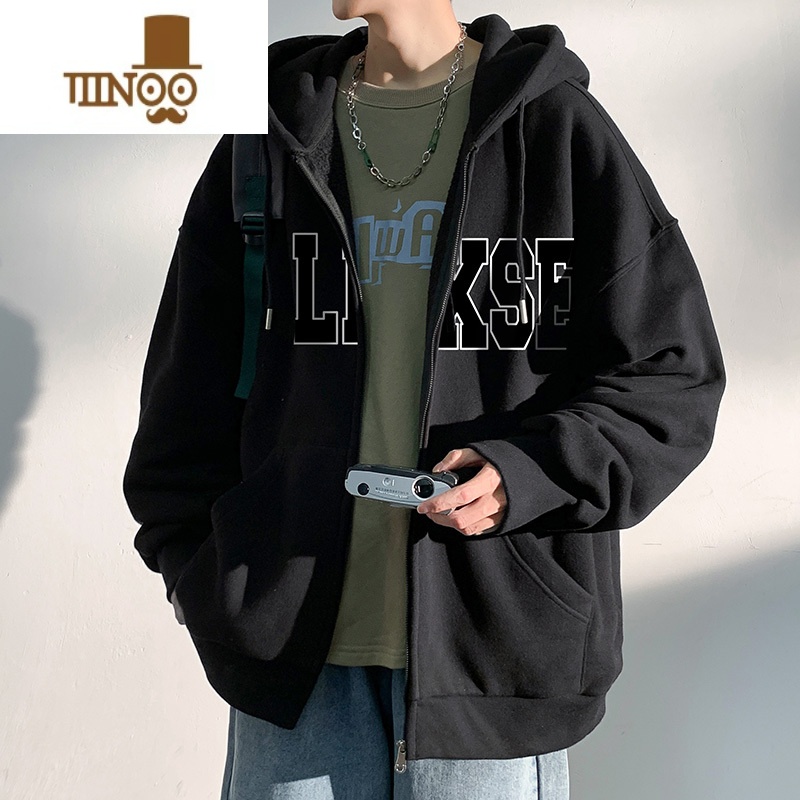 YANXU棉美式外套男士上衣连帽拉链开衫卫衣潮牌冬季加绒厚夹克 4XL 黑色春秋款外套B44