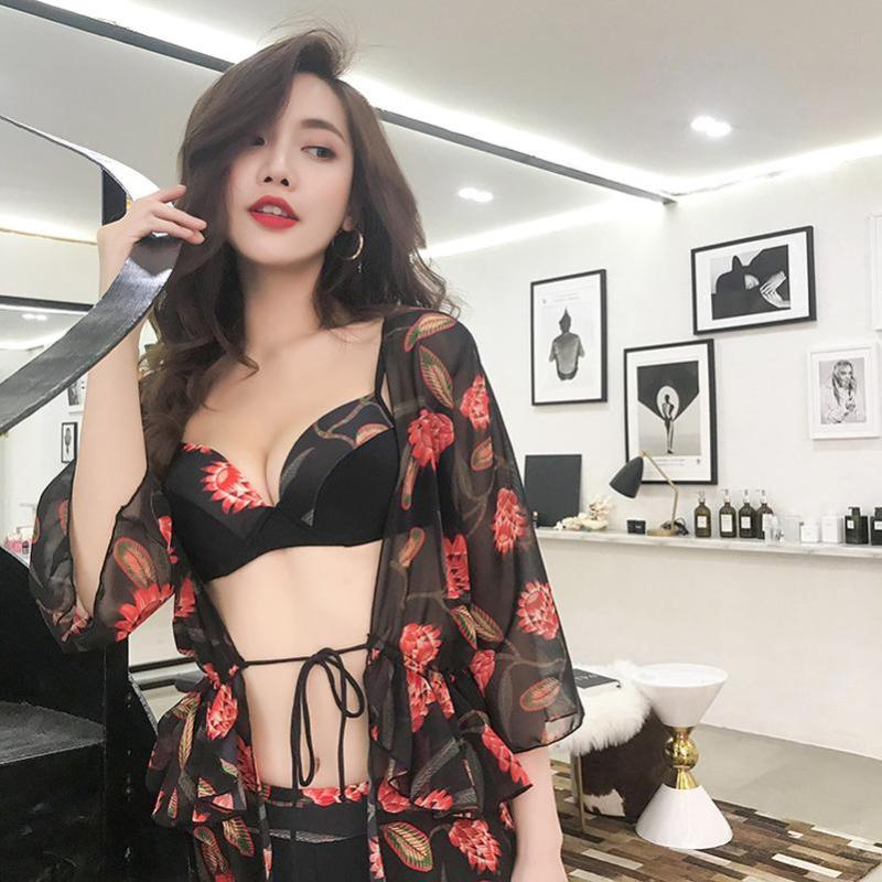 浪莎泳衣女三件套韩国温泉小香风分体裙式罩衫比基尼性感小胸聚拢泳装