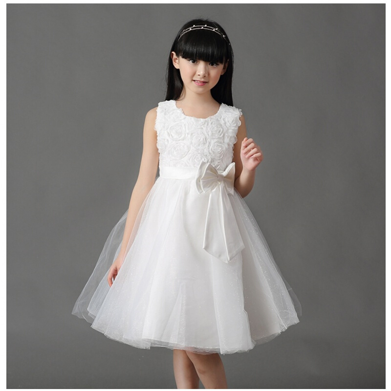 童装春装女童连衣裙儿童公主春秋款演出礼服蓬蓬白色婚纱裙子大童
