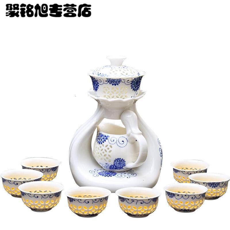 整套半全自动茶具套装家用简约陶瓷懒人泡茶壶功夫茶杯青花瓷简约延客自动茶具11