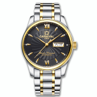 瑞士嘉年华CARNIVAL手表名匠商务男士系列双日历全自动机械表 男防水大三针镂空背透精钢男表正装时尚腕表8670G 间金黑面