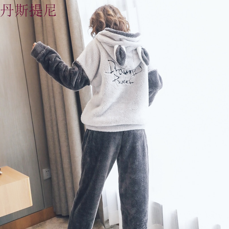 韩版甜美可爱少女珊瑚绒睡衣女秋冬加厚法兰绒连帽宽松家居服套装
