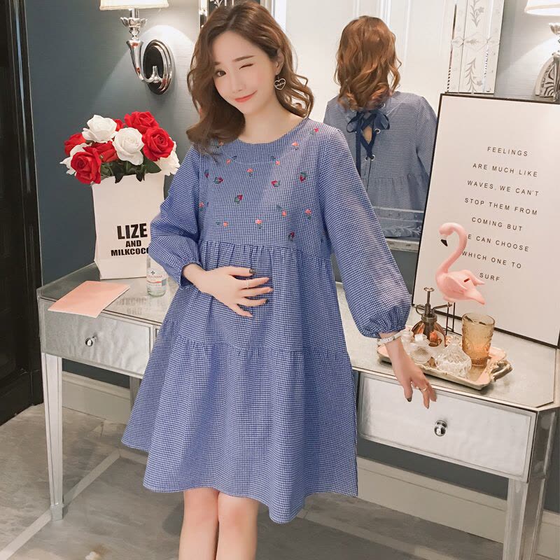 迪鲁奥(DILUAO)孕妇裙子秋季长袖上衣新款韩版中长款棉麻宽松A字裙秋孕妇连衣裙 蓝色图片