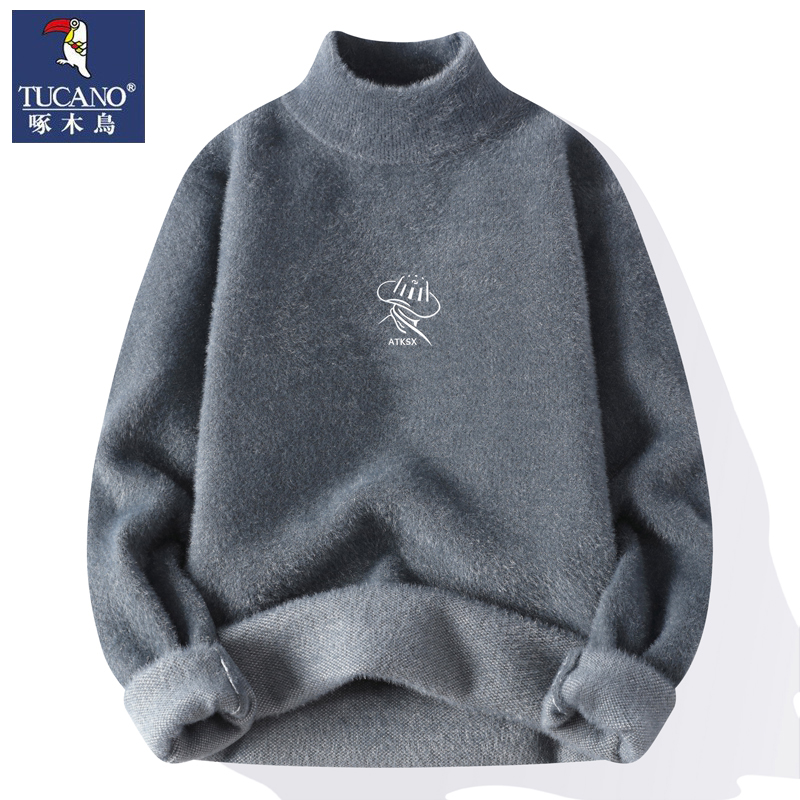 啄木鸟毛衣男冬季加厚加绒半高领打底针织衫男水貂绒潮流保暖上男 2XL135-150斤左右 灰色