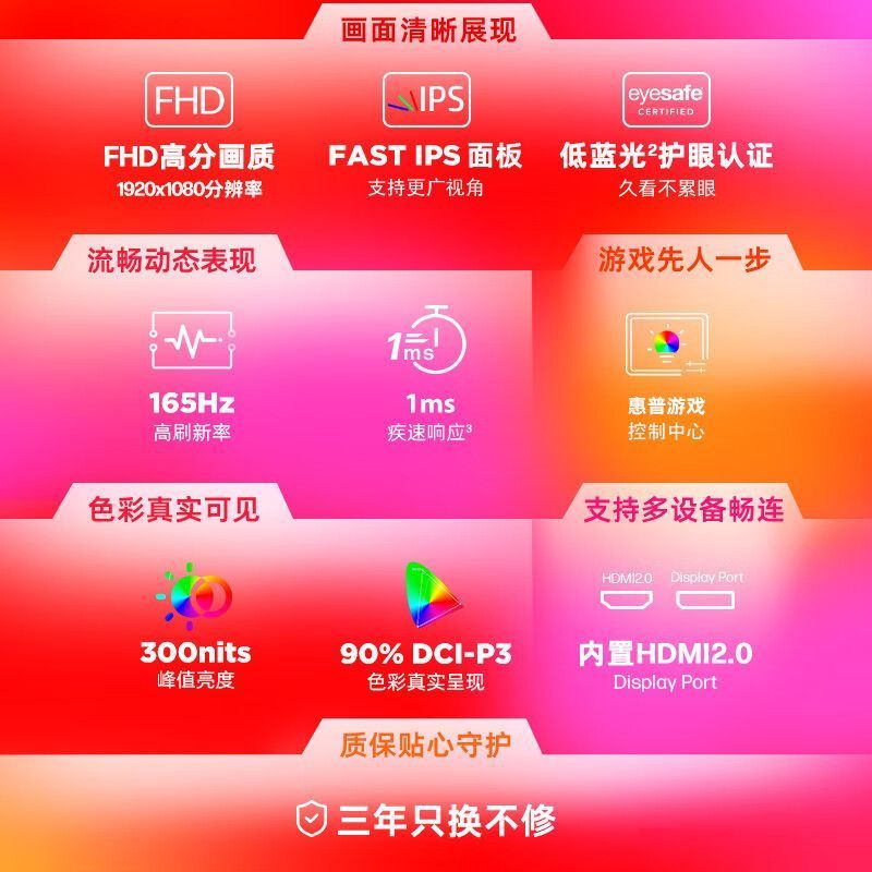 惠普HP 暗影精灵电竞显示器 23.8英寸/FHD/165Hz高刷/FreeSync TUV认证/旋转升降电脑显示屏/黑[OMEN24]