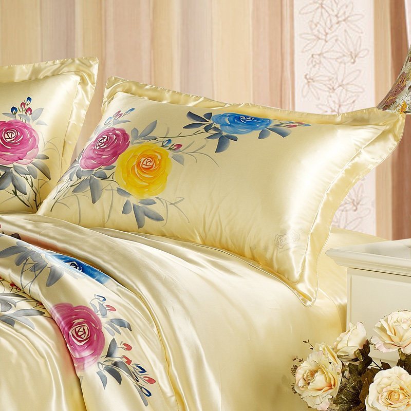 美帮汇100真丝枕套桑蚕丝宽幅丝绸枕头套双面人工手绘枕芯套