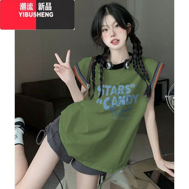 YIBUSHENG季多巴胺撞色休闲背心女外穿中长款无袖t恤女宽松球衣上衣