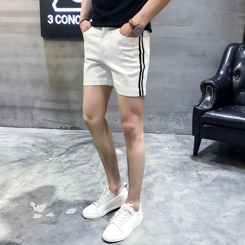 夏款男士纯色修身牛仔短裤撞色织带韩版3分短裤时尚休闲五分裤子