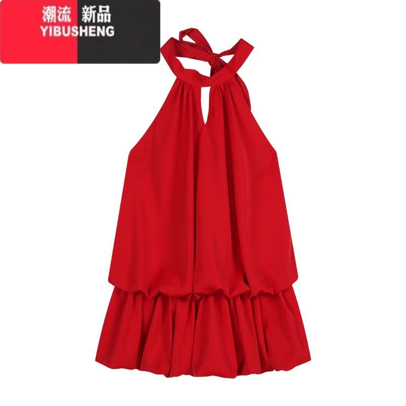 YIBUSHENG红色蝴蝶结性感露背无袖挂脖连衣裙女季纯欲收腰花苞a字短裙子图片