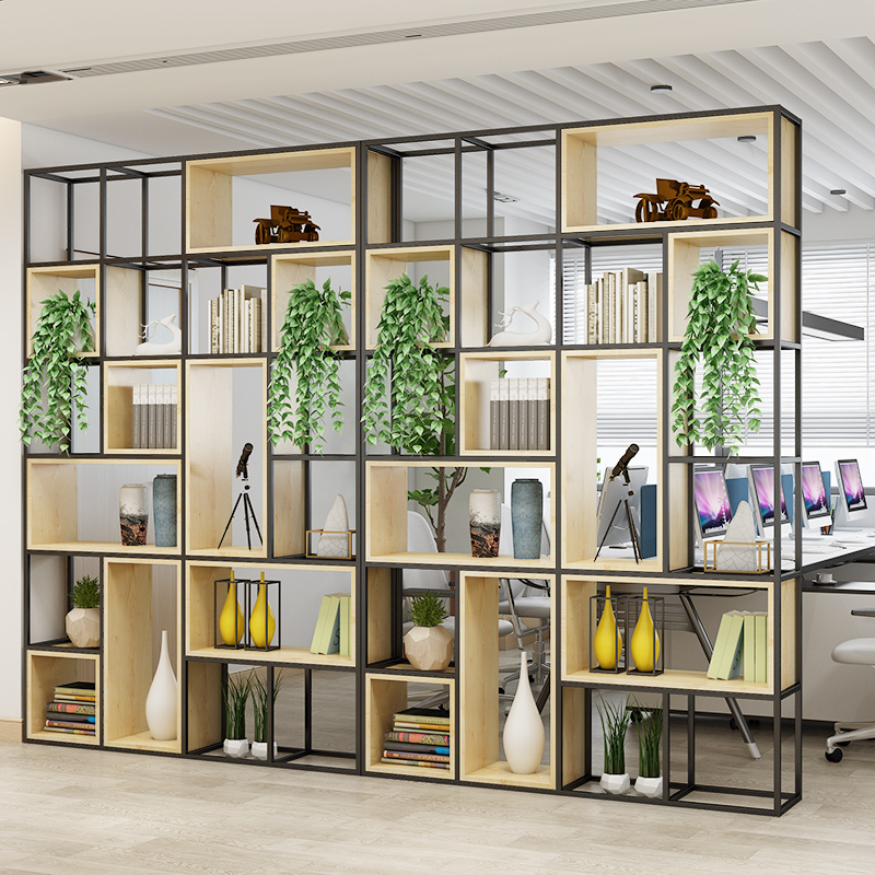 苏宁放心购铁艺落地实木多层书架客厅隔断展示架办公室柜子置物架现代