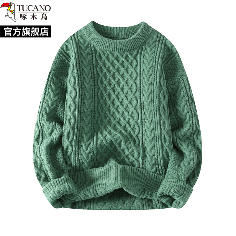 啄木鸟春秋新款圆领麻花毛衣男士冬季加绒针织打底衫内搭线上士春高清大图