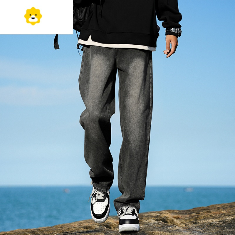 basket烟灰色牛仔裤男士季薄款宽松直筒休闲裤青少年美式潮牌复古裤子