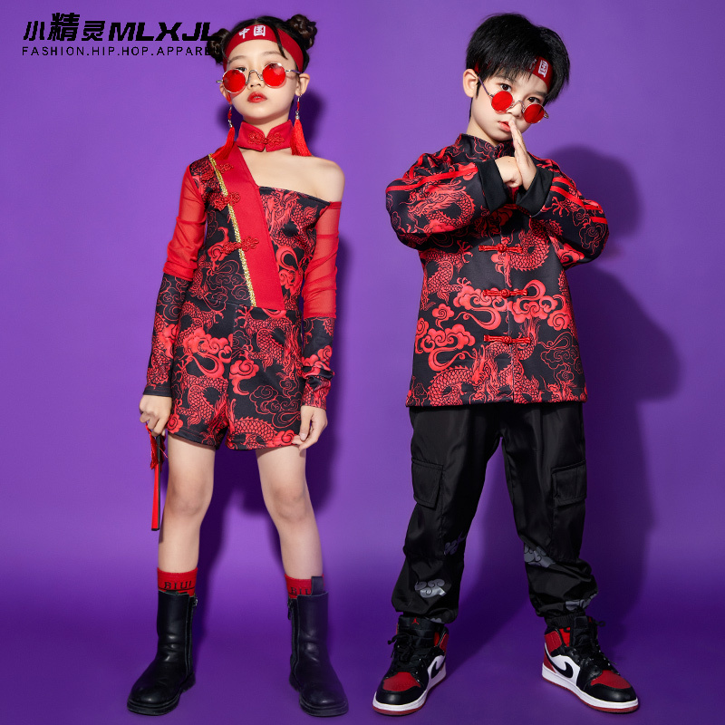 女款(连体旗袍+发带) 110cm 儿童中国风演出旗袍复古国潮女童嘻哈男童唐服走秀班服汉服表演服