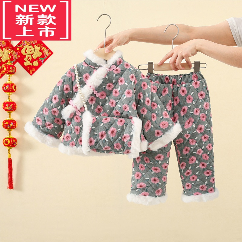 可莉允女童棉服套装新款宝宝加厚棉袄棉裤儿童秋冬装保暖女孩民族风唐装