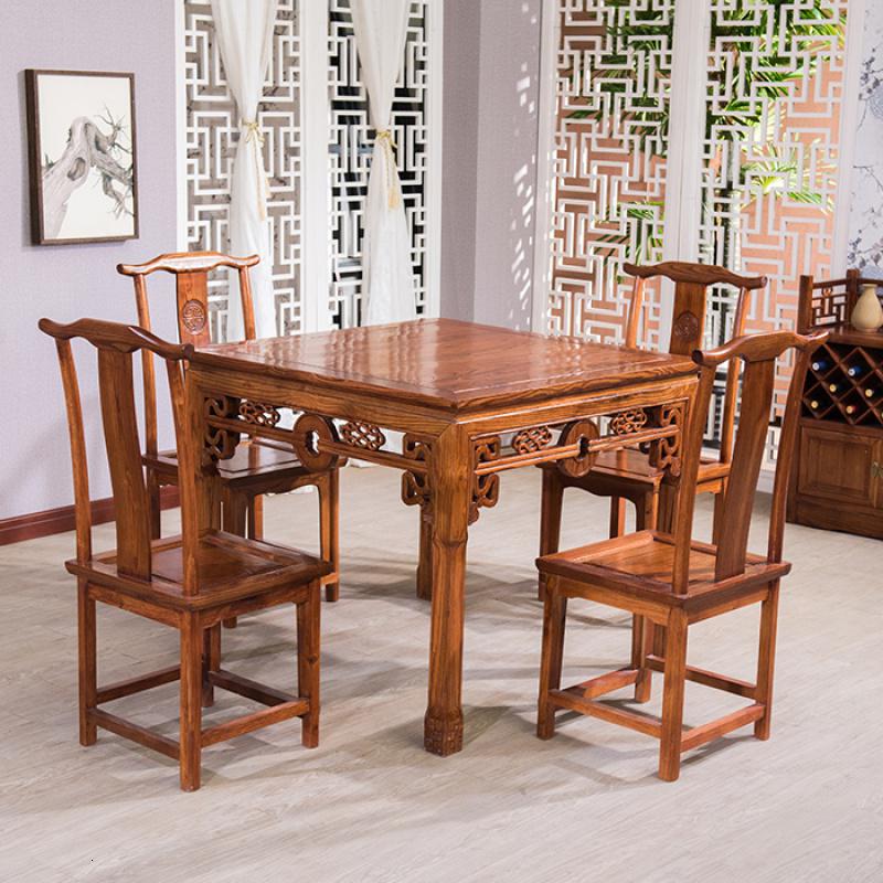 中式仿古实木餐桌椅组合 餐厅饭店农家乐八仙桌榆木家用四方桌子 铜钱八仙桌一桌配四椅包邮98*98*85