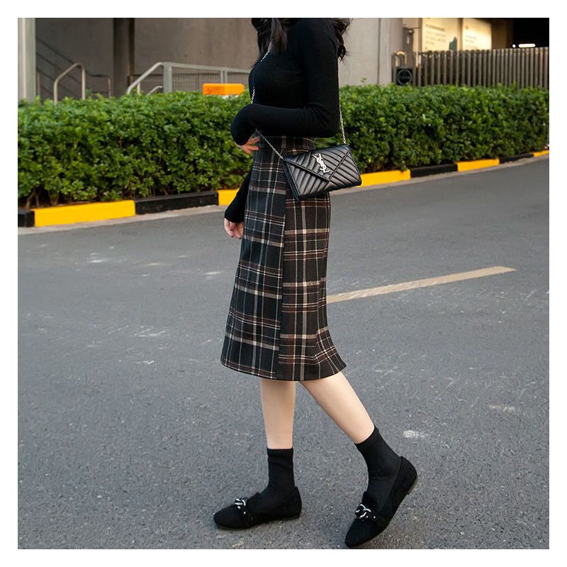 包臀裙韩版宽松中长款格子半身裙女秋冬复古高腰开叉一步裙a字裙