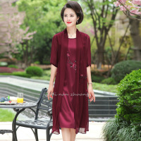 迪鲁奥（DILUAO)婚礼妈妈装红色连衣裙2019新款婚宴结婚礼服中老年女装婆婆装裙子_56_647 玫红色 4XL(建议160斤内穿)