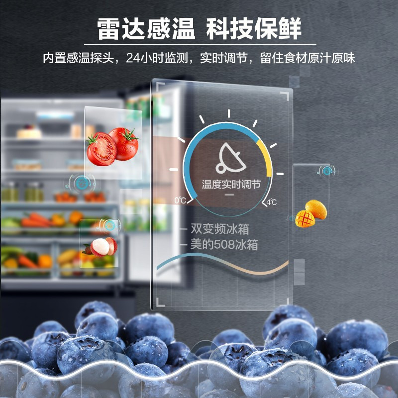 (Midea)美的冰箱对开门冰箱变频 温湿精控净味除菌 508升大容量多门冰箱家用BCD-508WTPZM(E)莫兰迪灰