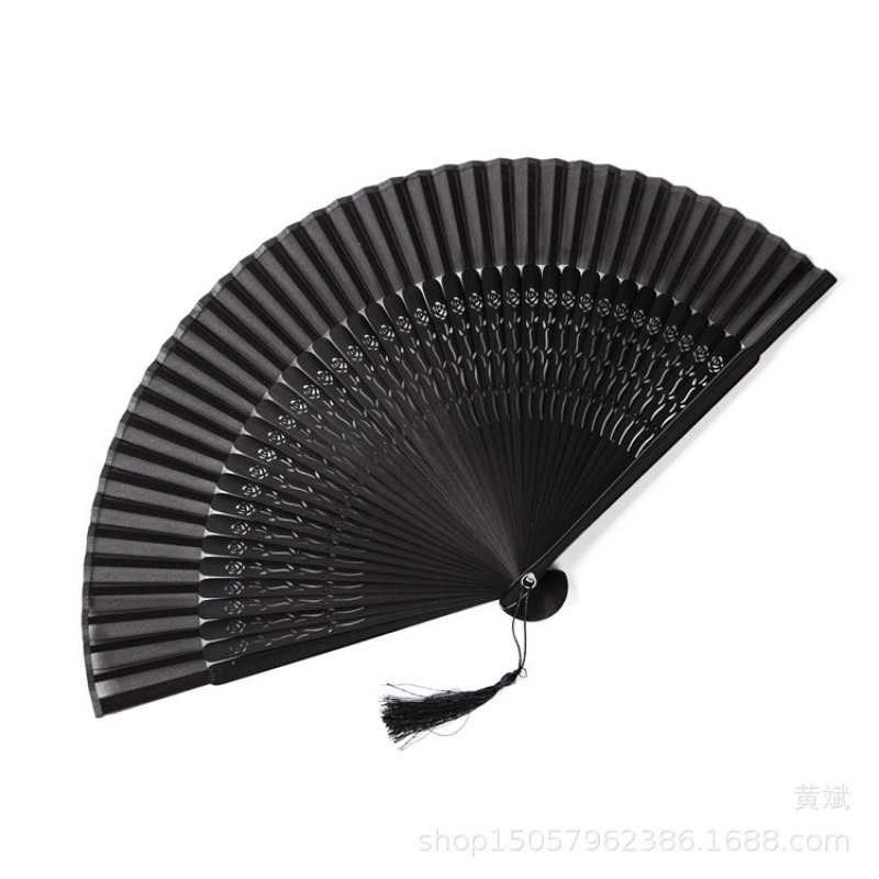 纯黑色扇子不良折扇jk蕾丝中国古风中式女镂空蹦迪舞蹈汉服玫瑰骨 三维工匠 头青-全黑色-玫瑰骨镂空高清大图