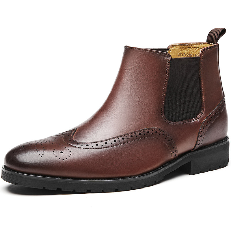 头层牛皮切尔西皮靴男尖头套脚靴英伦风布洛克雕花马丁靴软底