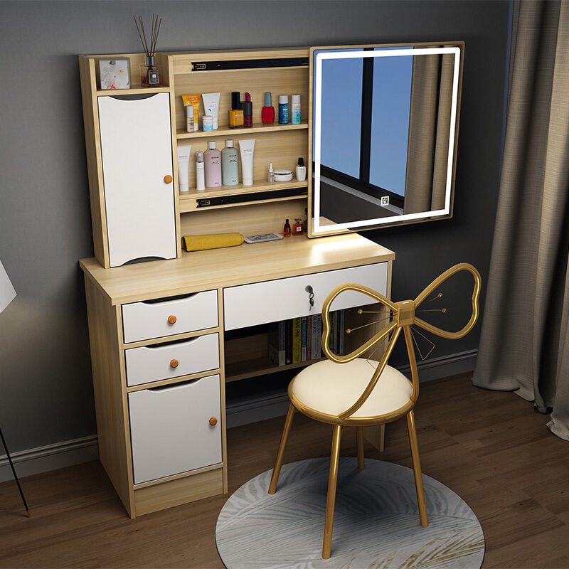 智能镜梳妆台镜子带led灯收纳柜一体简约网红ins风卧室化妆台藕色918