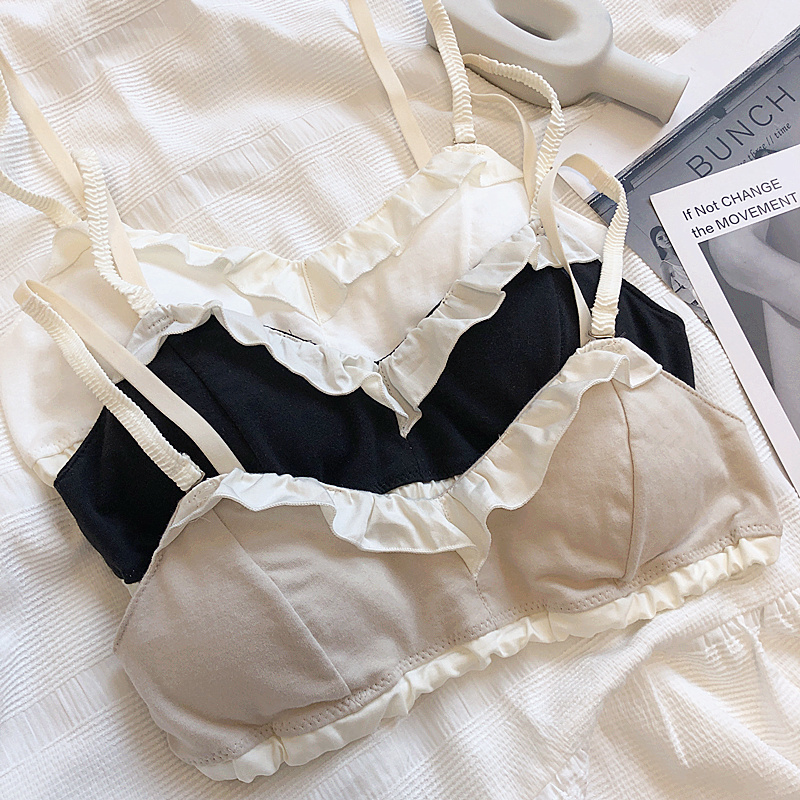 suntek小众日系复古荷叶边无钢圈三角杯文胸套装棉质聚拢大胸显小薄