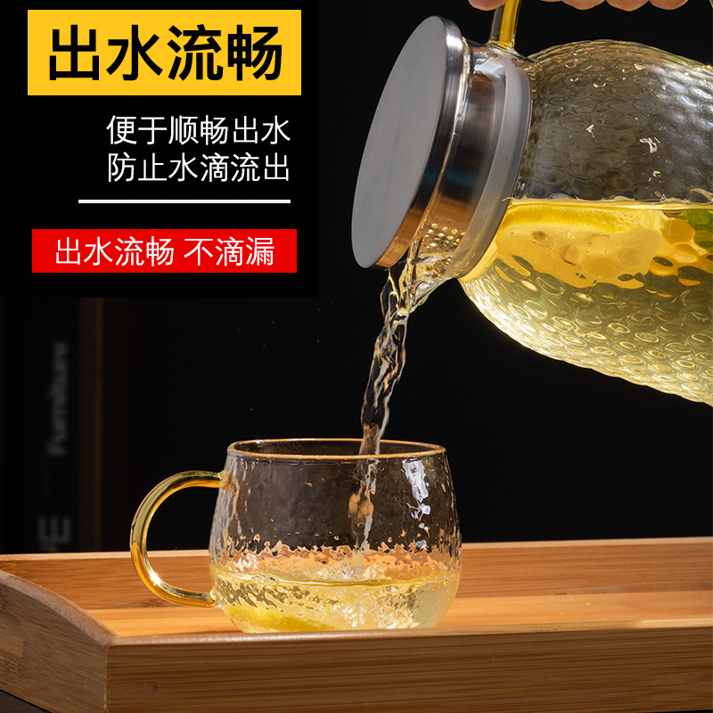 北欧玻璃冷水壶 烘焙精灵锤纹夏季家用凉白开水杯ins风凉水壶冰箱用 950ML米粒壶+2黄把锤纹杯+C托盘