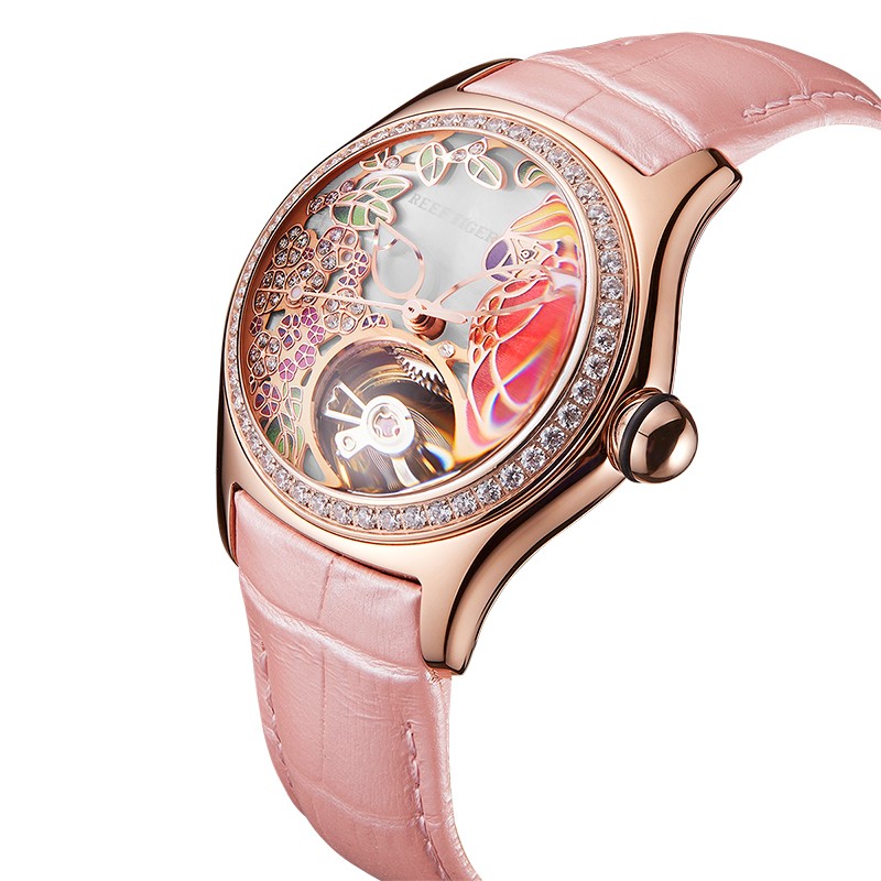 瑞夫泰格(REEF TIGER)女士手表全自动机械表女表新款时尚潮流镶钻镂空皮表带防水3D鹦鹉手表RGA7015高清大图