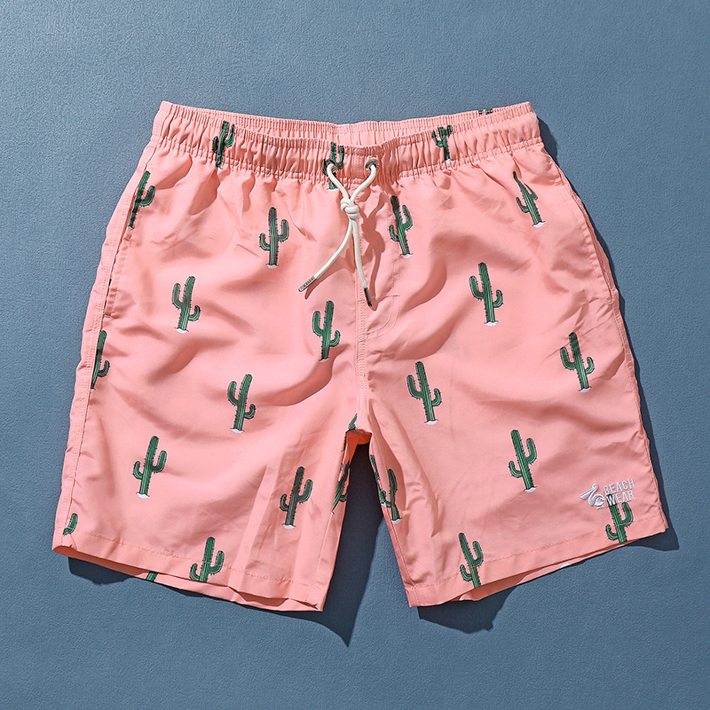 夏季男士沙滩裤桃红色宽松印花五分裤日常度假外穿速干短裤可下水视频