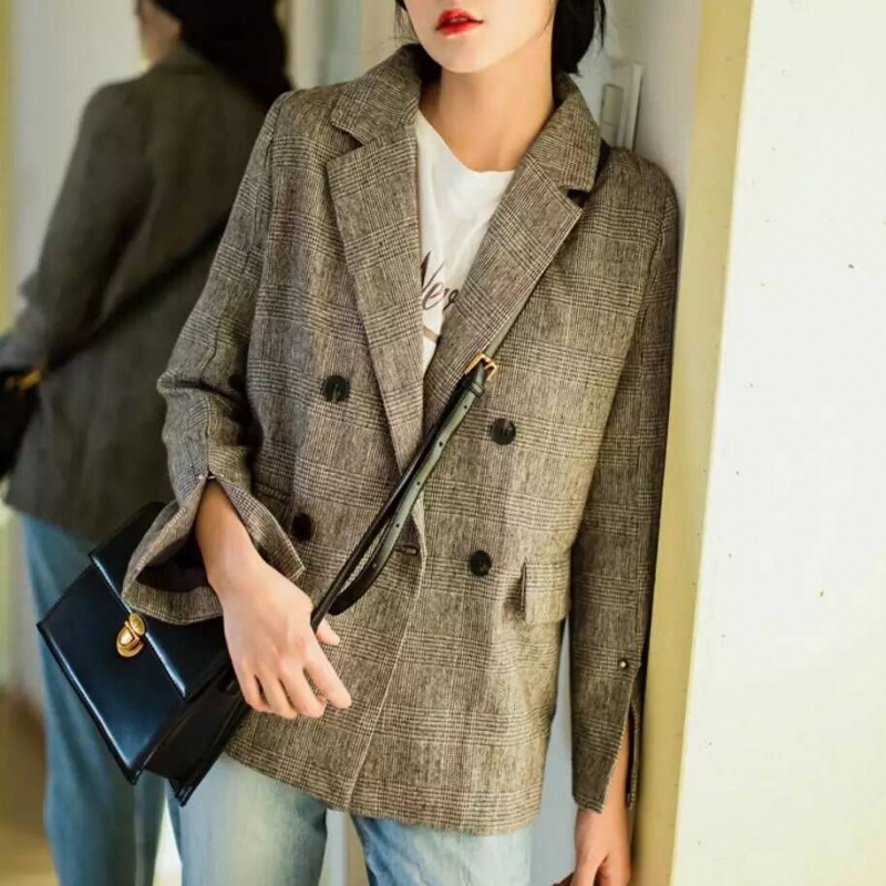 格子外套女英伦复古修身双排扣袖显瘦百搭小西装2018秋季新款女装图片色