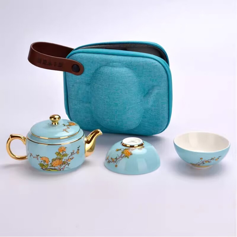 永丰源夫人瓷西湖蓝4头旅行茶具便携茶具一壶二杯