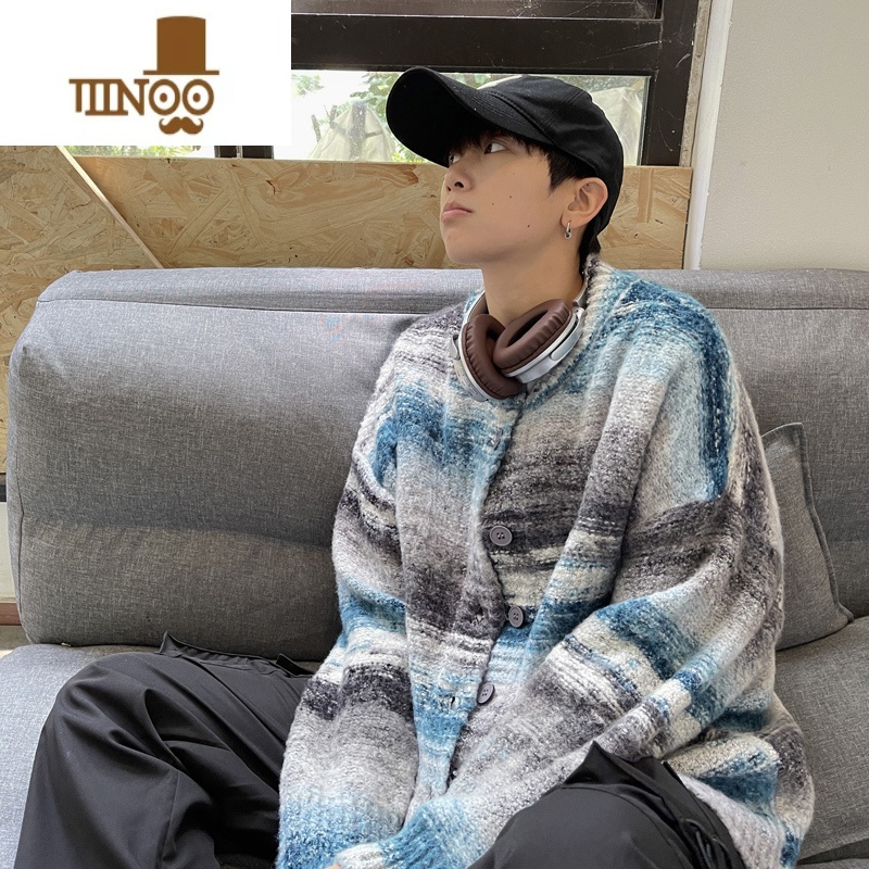 YANXU彩色条纹开衫毛衣男款潮牌撞色针织衫慵懒风宽松休闲线衣外套高清大图