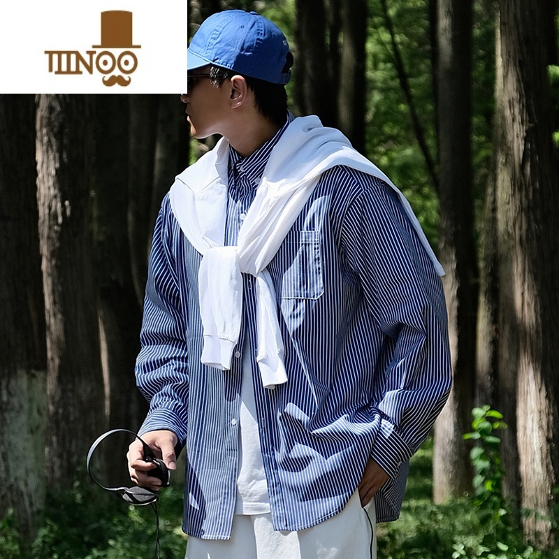 YANXU衬衫男长袖秋季廓形宽松日系复古CityBoy美式条纹休闲衬长袖系系高清大图