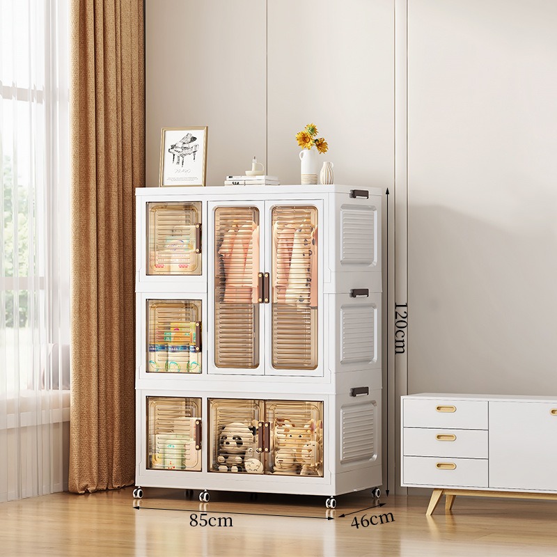 华普思卧室免安装折叠衣物收纳柜 多层双开门宝宝衣柜 挂衣整理衣柜三门衣柜一大一小(85*46*120CM)多层