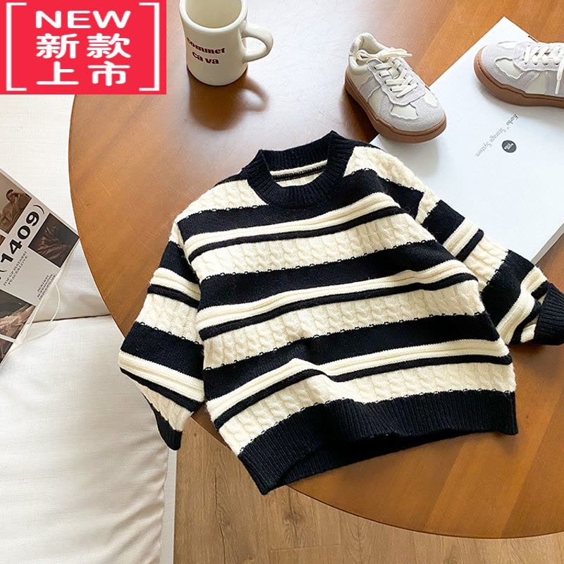 可莉允男童加厚绵撞色条纹毛衣儿童冬装圆领宝宝针织套头衫潮图片