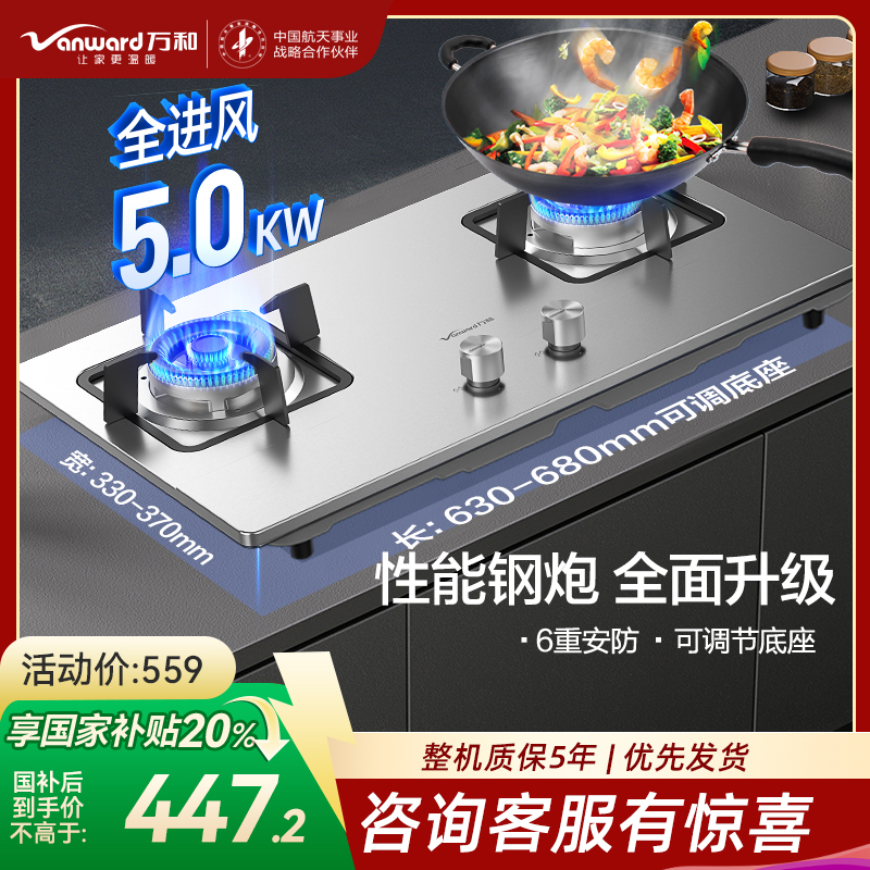 万和(Vanward)一级能效 天然气燃气灶不锈钢面板 5.0KW火力嵌入台式两用灶具 双眼灶JZT-B7B53