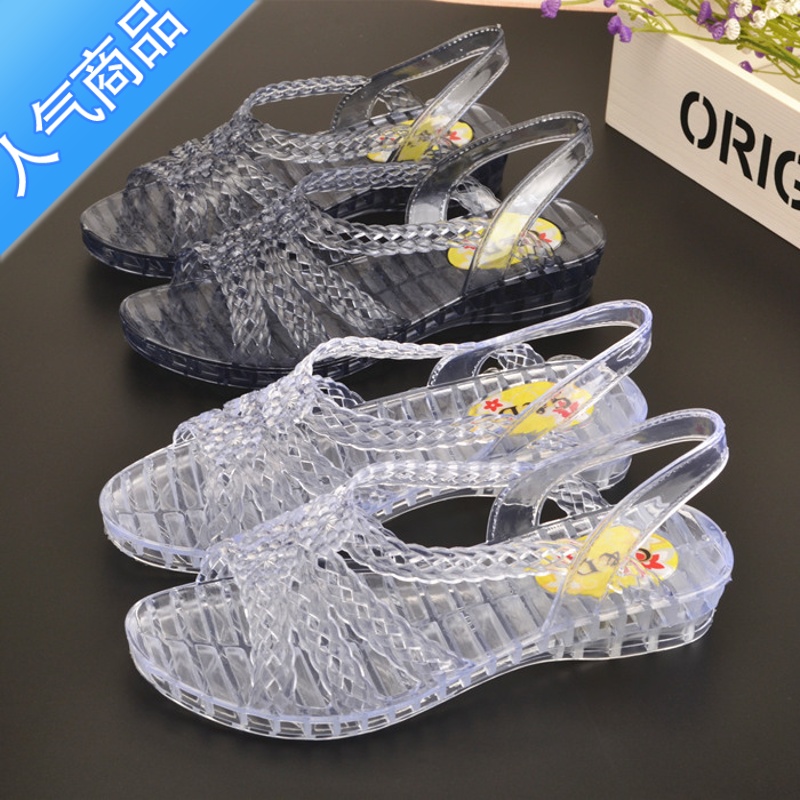 SUNTEK夏季塑料女凉鞋露趾水晶鞋透明果冻鞋防滑妈妈跳舞鞋女沙滩凉鞋高清大图