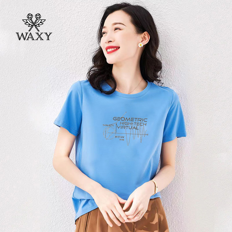 WAXYins风曲线印花短袖女外穿正肩气质遮肉官方潮流T恤圆领全棉新
