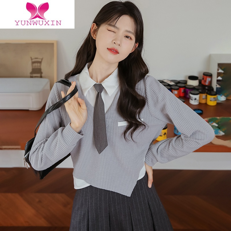 YUNWUXIN2022秋季新款学生假两件领带长袖衬衫女学院风短款外套上衣