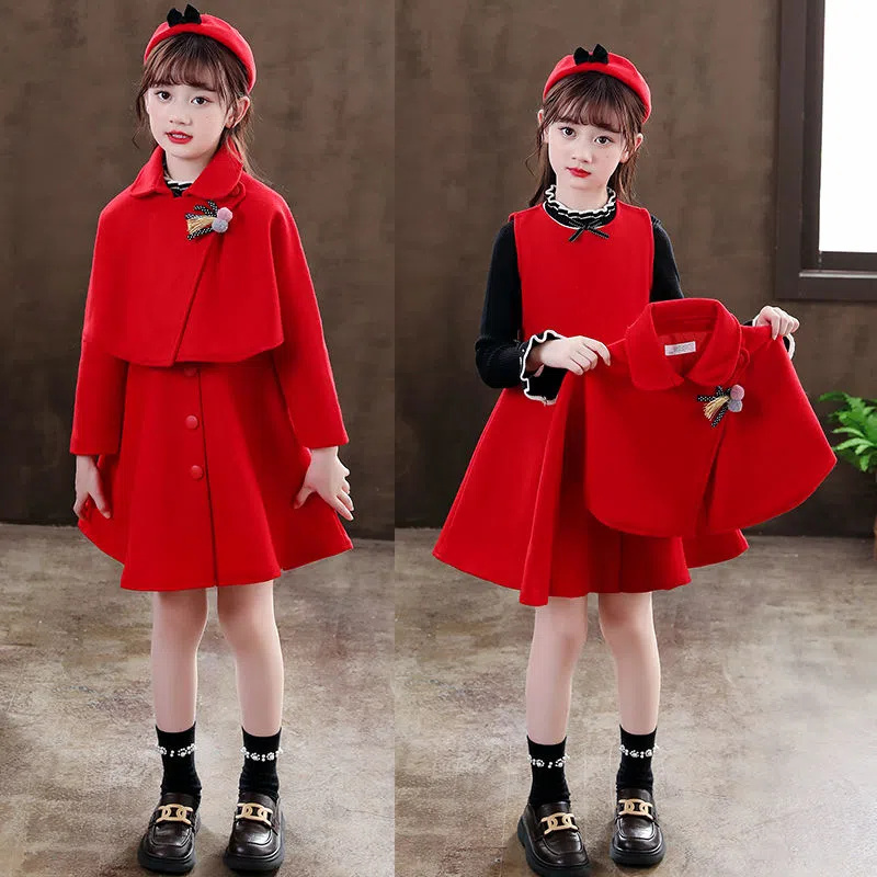 女童冬装新款毛呢套装童装女宝宝洋气小女孩儿童裙子两件套加绒