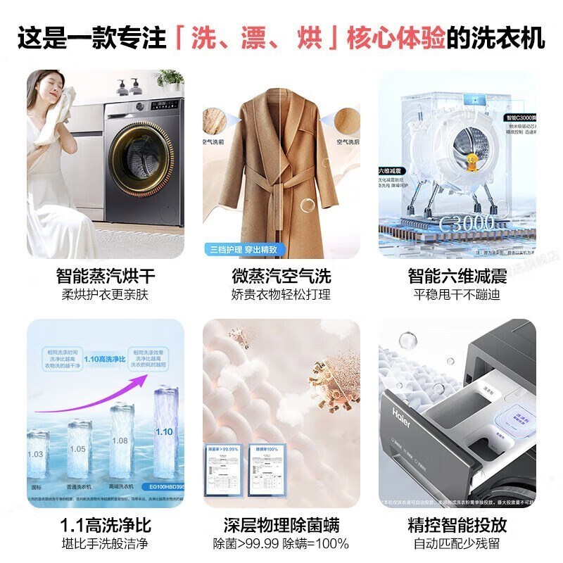海尔(Haier)滚筒洗衣机10kg容量 全自动超薄机身平嵌家用洗烘一体除菌除螨智能投放初色系列 EG100HBD39S高清大图