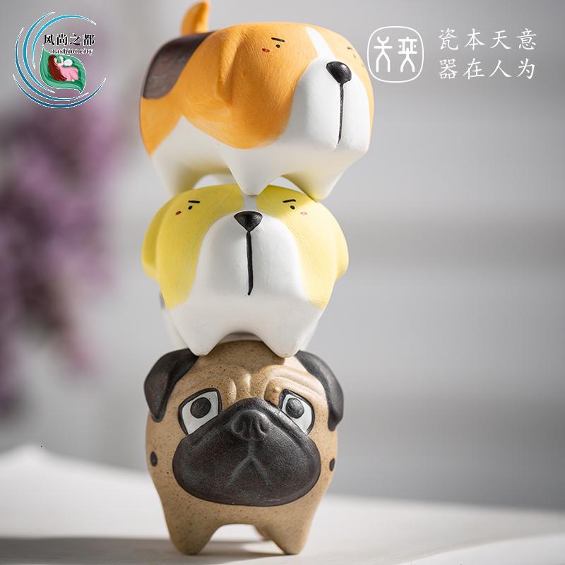 巴哥犬腊肠可爱创意狗狗桌面陶瓷摆件装饰品女生送男朋友生日 三维工匠 呆萌-(巴哥)高清大图