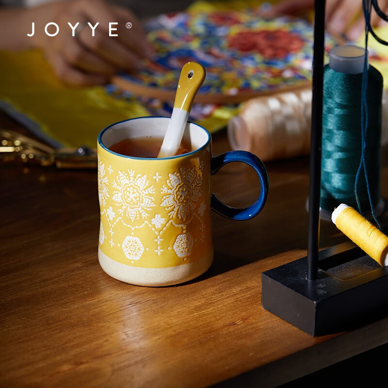 JOYYE生日礼物马克杯带勺有手柄创意刺绣图案水杯实用高档节日送礼 佛手东乡高清大图