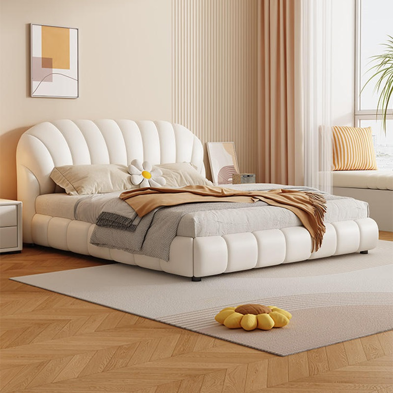 欧梵森法式奶油风新款真皮床简约现代双人床主卧大床软靠包婚床